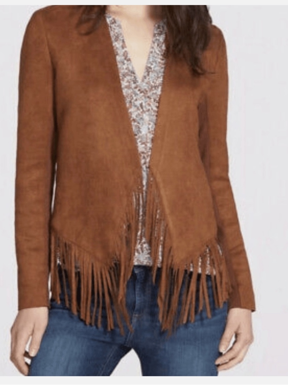 hinge Brown Suede Fringe Open-Front Jacket